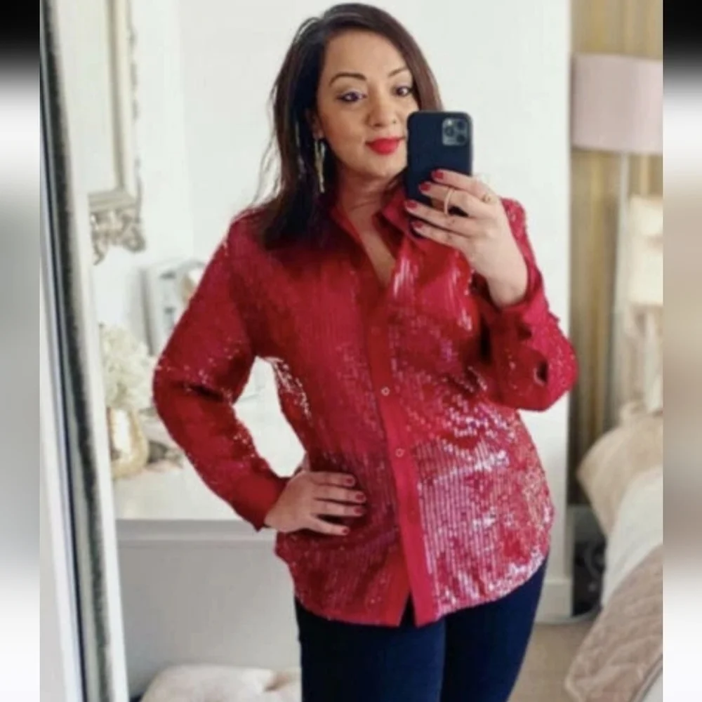 Zara Sequin Red Shirt Size S NWT